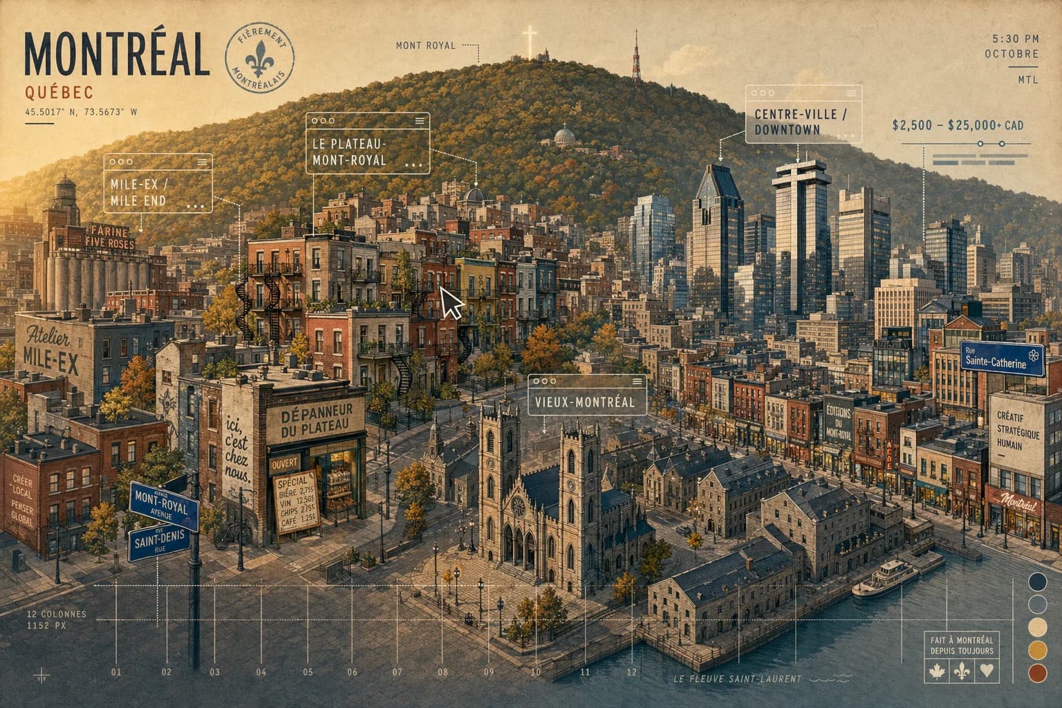 Stylised map of Montreal neighbourhoods including Mile-Ex, Old Montreal, Plateau, and downtown core with digital and web design iconography
