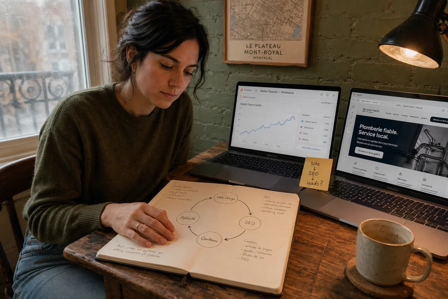 Funnel diagram showing how web design connects to SEO, content marketing, and paid advertising to generate leads for small businesses